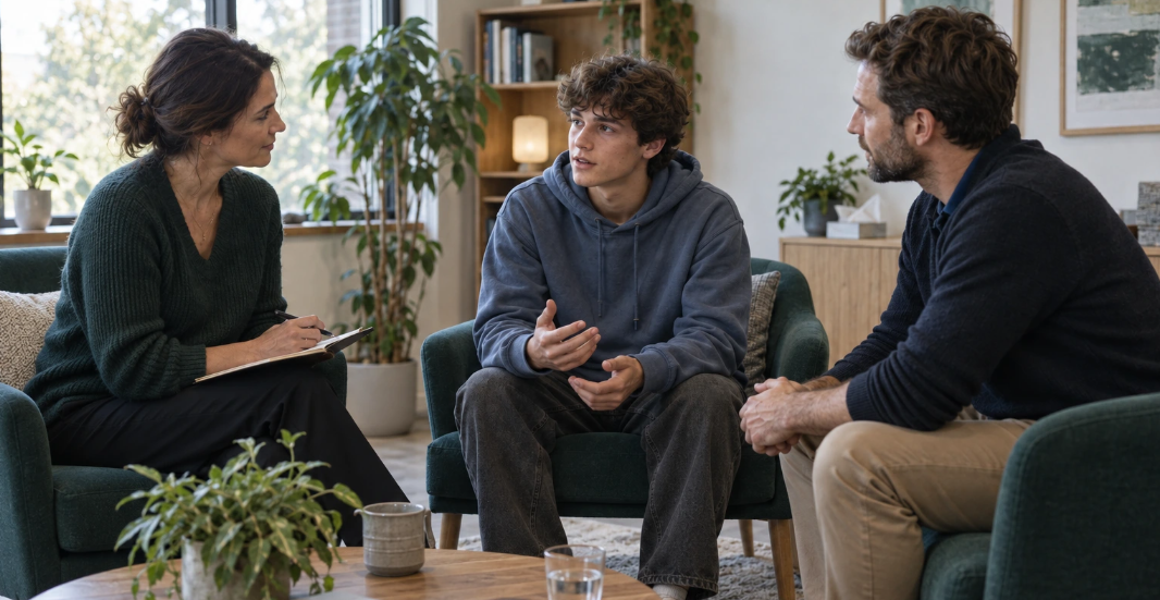 Scena illustrativa di un adolescente in dialogo con due professionisti della salute mentale, in un contesto di ascolto e cura.
